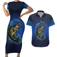 Custom Jumping Bass Fishing Couples Matching Short Sleeve Bodycon Dress and Hawaiian Shirt with Water Splash and Lightning Background - Wonder Print Shop