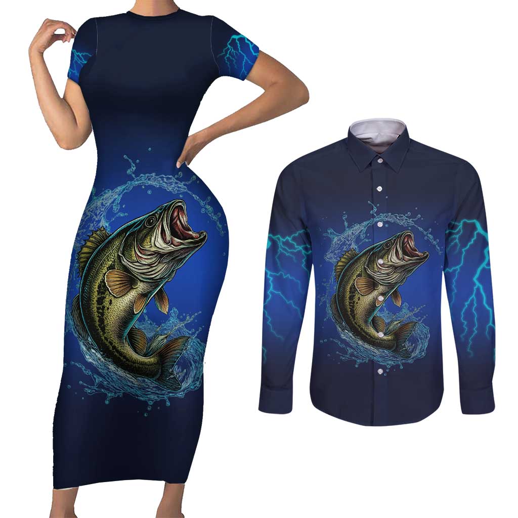 Custom Jumping Bass Fishing Couples Matching Short Sleeve Bodycon Dress and Long Sleeve Button Shirt with Water Splash and Lightning Background - Wonder Print Shop