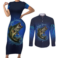 Custom Jumping Bass Fishing Couples Matching Short Sleeve Bodycon Dress and Long Sleeve Button Shirt with Water Splash and Lightning Background - Wonder Print Shop