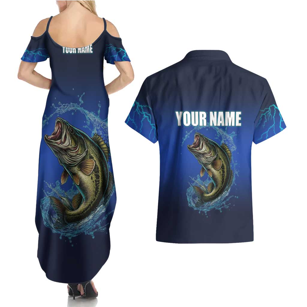 Custom Jumping Bass Fishing Couples Matching Summer Maxi Dress and Hawaiian Shirt with Water Splash and Lightning Background - Wonder Print Shop
