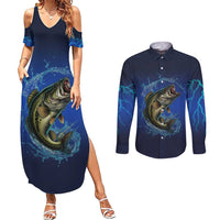 Custom Jumping Bass Fishing Couples Matching Summer Maxi Dress and Long Sleeve Button Shirt with Water Splash and Lightning Background - Wonder Print Shop
