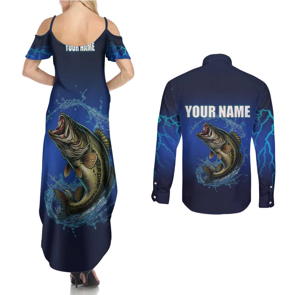 Custom Jumping Bass Fishing Couples Matching Summer Maxi Dress and Long Sleeve Button Shirt with Water Splash and Lightning Background - Wonder Print Shop