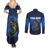Custom Jumping Bass Fishing Couples Matching Summer Maxi Dress and Long Sleeve Button Shirt with Water Splash and Lightning Background - Wonder Print Shop
