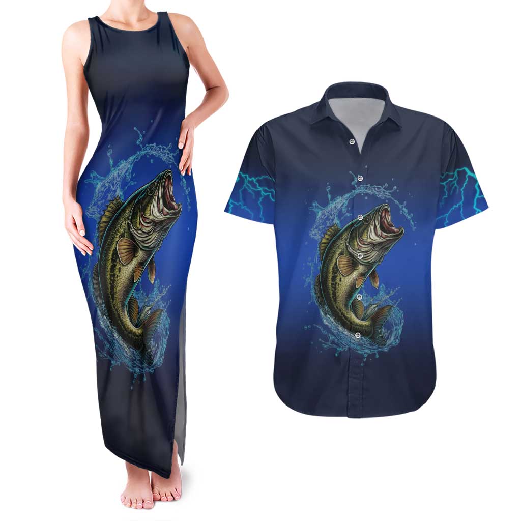 Custom Jumping Bass Fishing Couples Matching Tank Maxi Dress and Hawaiian Shirt with Water Splash and Lightning Background - Wonder Print Shop