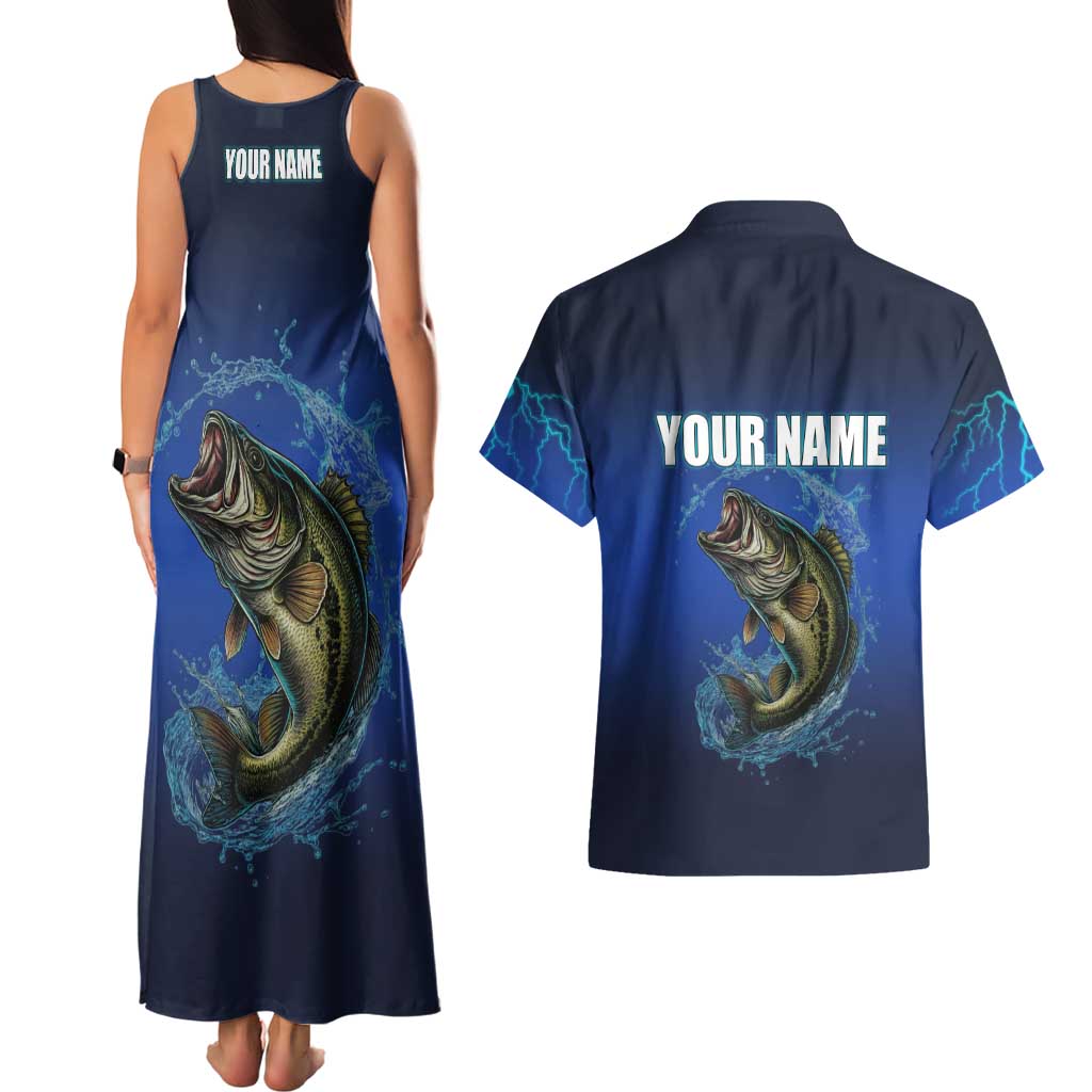 Custom Jumping Bass Fishing Couples Matching Tank Maxi Dress and Hawaiian Shirt with Water Splash and Lightning Background - Wonder Print Shop
