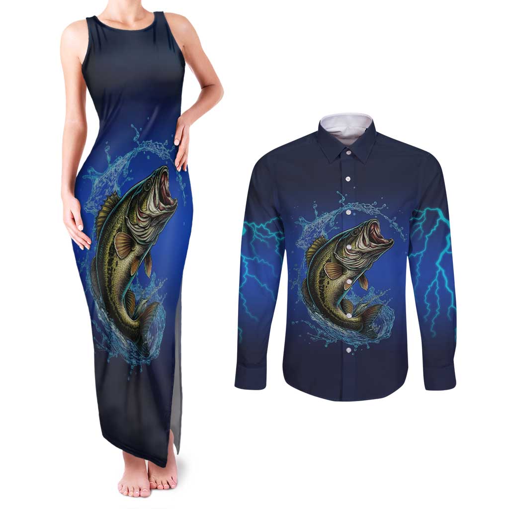 Custom Jumping Bass Fishing Couples Matching Tank Maxi Dress and Long Sleeve Button Shirt with Water Splash and Lightning Background - Wonder Print Shop
