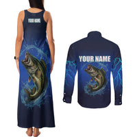 Custom Jumping Bass Fishing Couples Matching Tank Maxi Dress and Long Sleeve Button Shirt with Water Splash and Lightning Background - Wonder Print Shop