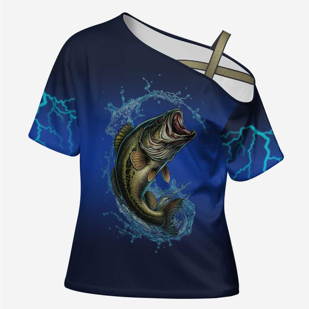Custom Jumping Bass Fishing Cross Shoulder Shirt with Water Splash and Lightning Background - Wonder Print Shop