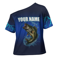 Custom Jumping Bass Fishing Cross Shoulder Shirt with Water Splash and Lightning Background - Wonder Print Shop