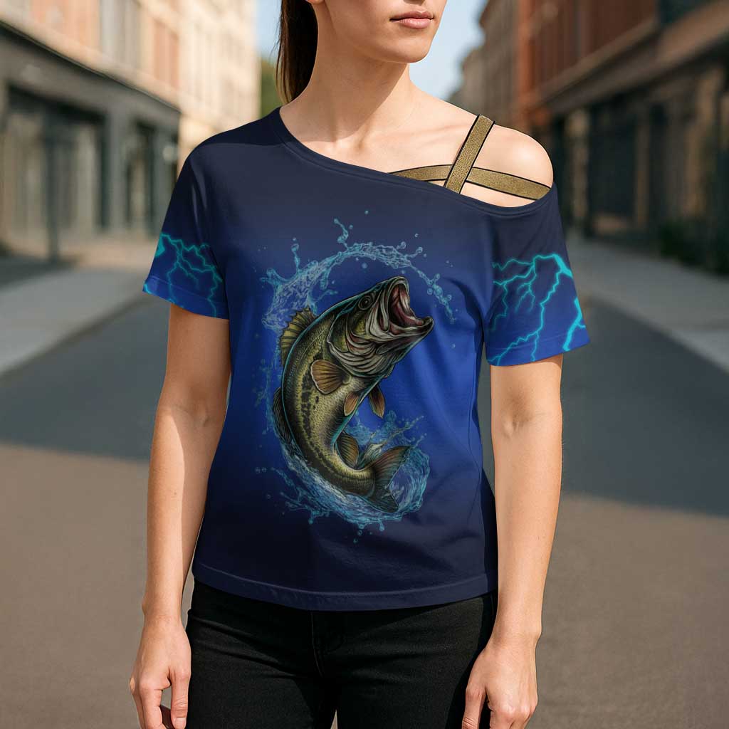 Custom Jumping Bass Fishing Cross Shoulder Shirt with Water Splash and Lightning Background - Wonder Print Shop