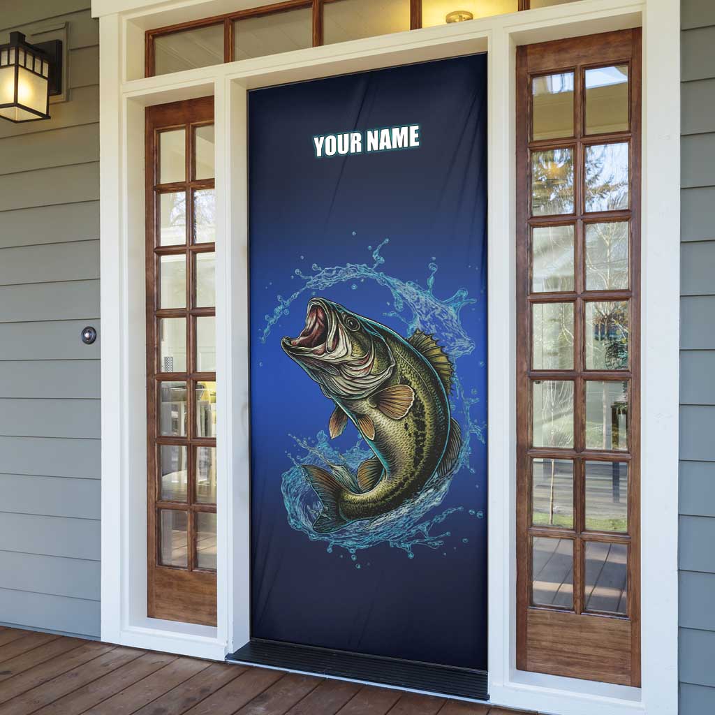 Custom Jumping Bass Fishing Door Cover with Water Splash and Lightning Background - Wonder Print Shop