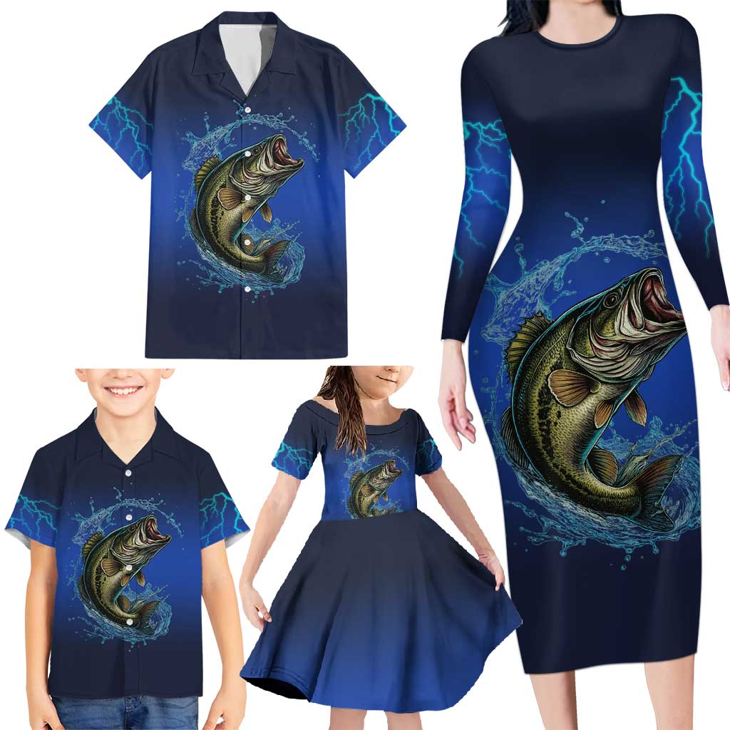 Custom Jumping Bass Fishing Family Matching Long Sleeve Bodycon Dress and Hawaiian Shirt with Water Splash and Lightning Background - Wonder Print Shop
