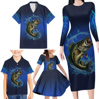 Custom Jumping Bass Fishing Family Matching Long Sleeve Bodycon Dress and Hawaiian Shirt with Water Splash and Lightning Background - Wonder Print Shop