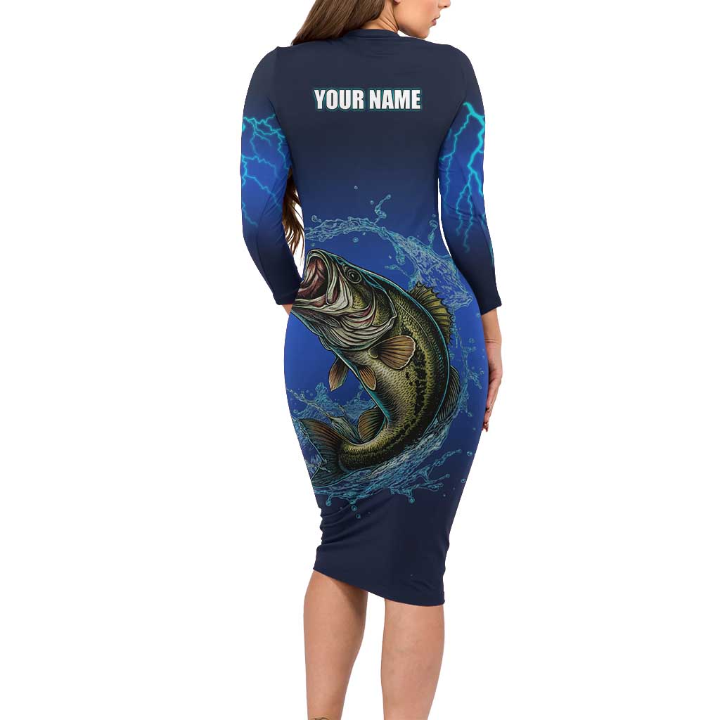Custom Jumping Bass Fishing Family Matching Long Sleeve Bodycon Dress and Hawaiian Shirt with Water Splash and Lightning Background - Wonder Print Shop