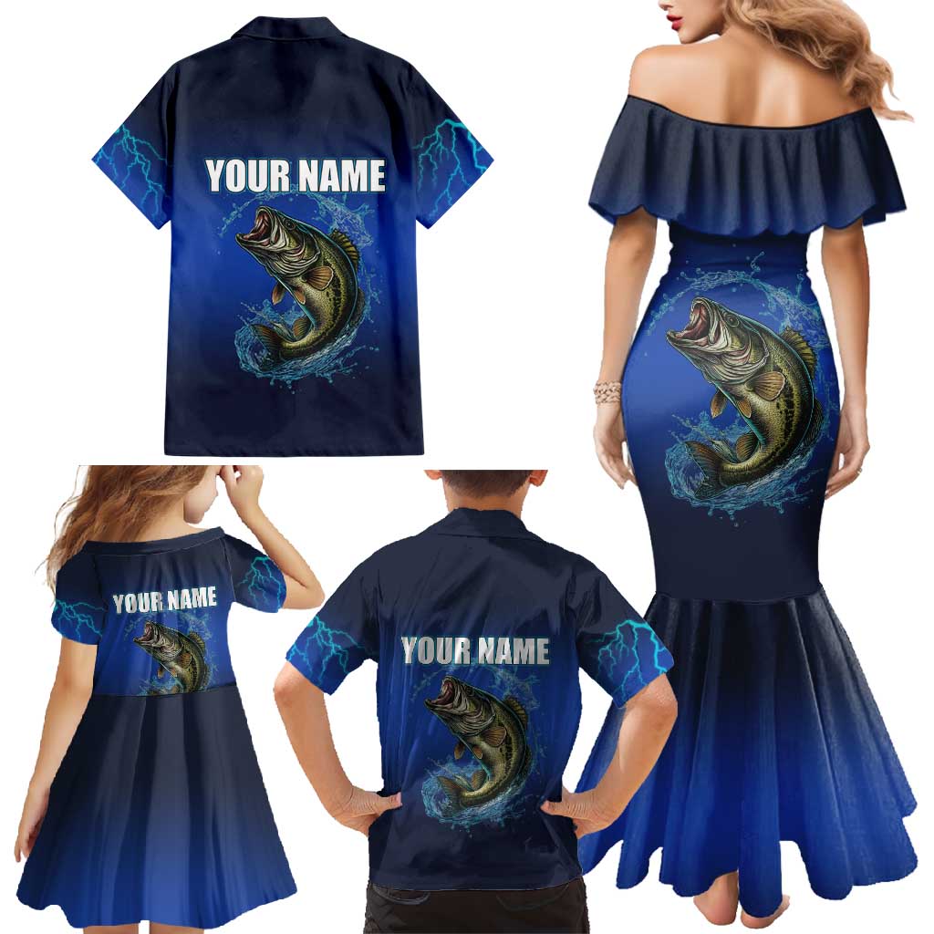 Custom Jumping Bass Fishing Family Matching Mermaid Dress and Hawaiian Shirt with Water Splash and Lightning Background - Wonder Print Shop