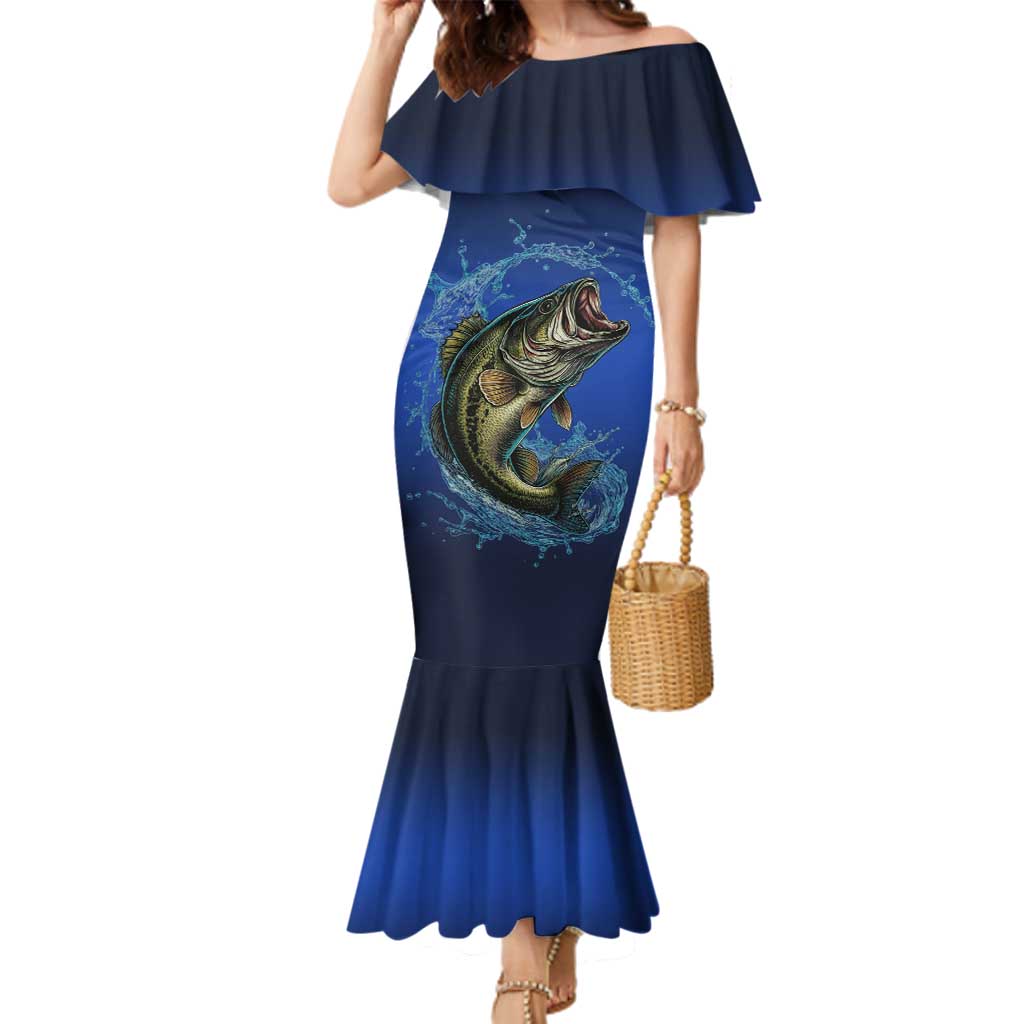 Custom Jumping Bass Fishing Family Matching Mermaid Dress and Hawaiian Shirt with Water Splash and Lightning Background - Wonder Print Shop
