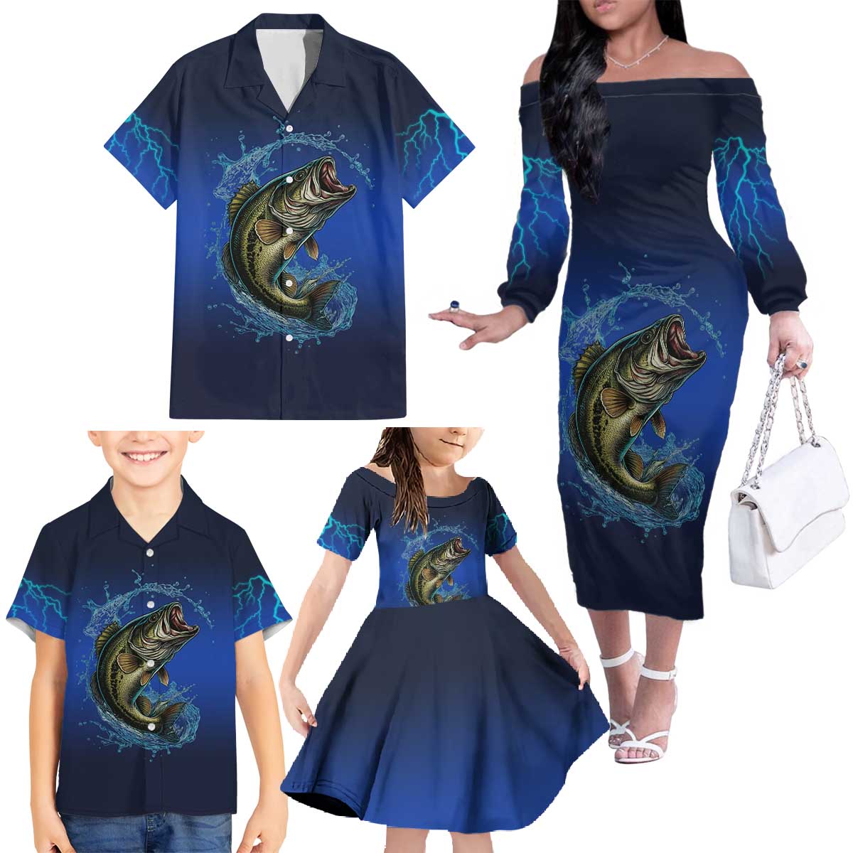 Custom Jumping Bass Fishing Family Matching Off The Shoulder Long Sleeve Dress and Hawaiian Shirt with Water Splash and Lightning Background - Wonder Print Shop