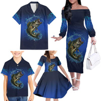 Custom Jumping Bass Fishing Family Matching Off The Shoulder Long Sleeve Dress and Hawaiian Shirt with Water Splash and Lightning Background - Wonder Print Shop