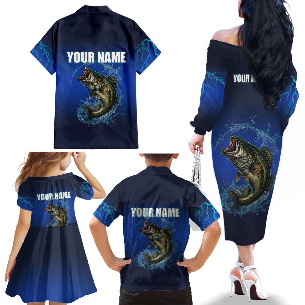 Custom Jumping Bass Fishing Family Matching Off The Shoulder Long Sleeve Dress and Hawaiian Shirt with Water Splash and Lightning Background - Wonder Print Shop