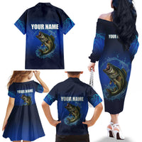 Custom Jumping Bass Fishing Family Matching Off The Shoulder Long Sleeve Dress and Hawaiian Shirt with Water Splash and Lightning Background - Wonder Print Shop