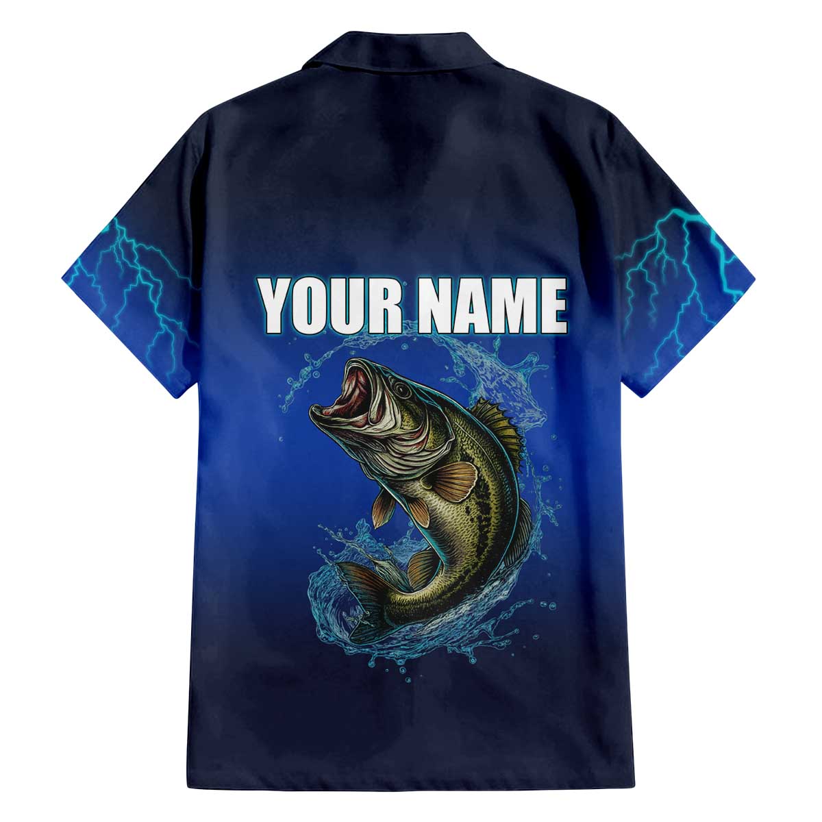 Custom Jumping Bass Fishing Family Matching Off The Shoulder Long Sleeve Dress and Hawaiian Shirt with Water Splash and Lightning Background - Wonder Print Shop