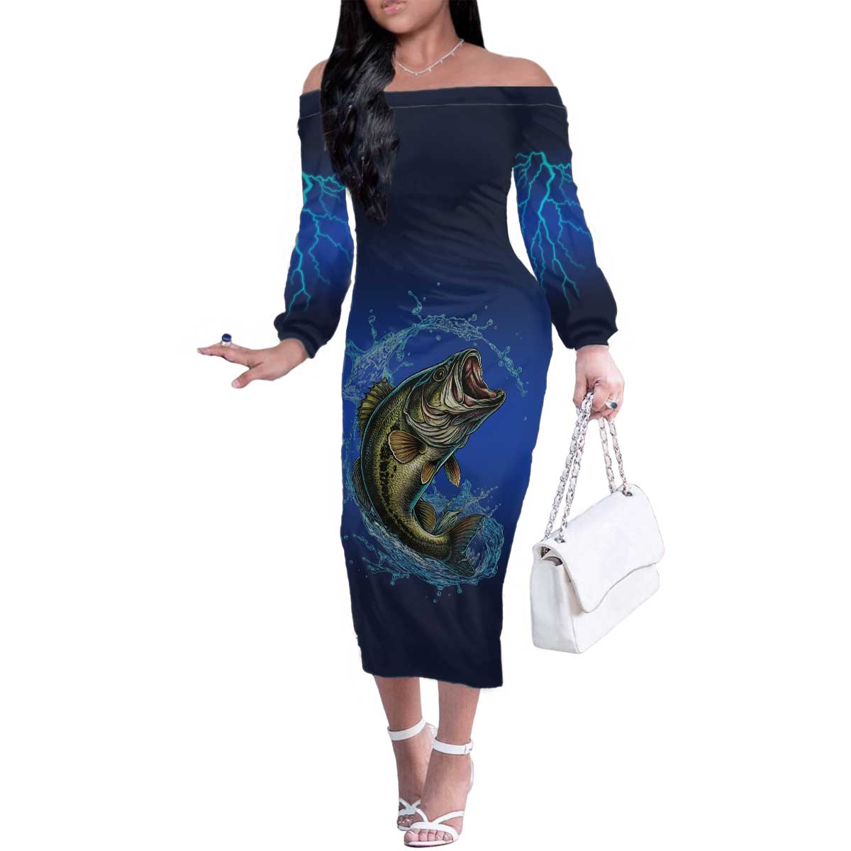 Custom Jumping Bass Fishing Family Matching Off The Shoulder Long Sleeve Dress and Hawaiian Shirt with Water Splash and Lightning Background - Wonder Print Shop