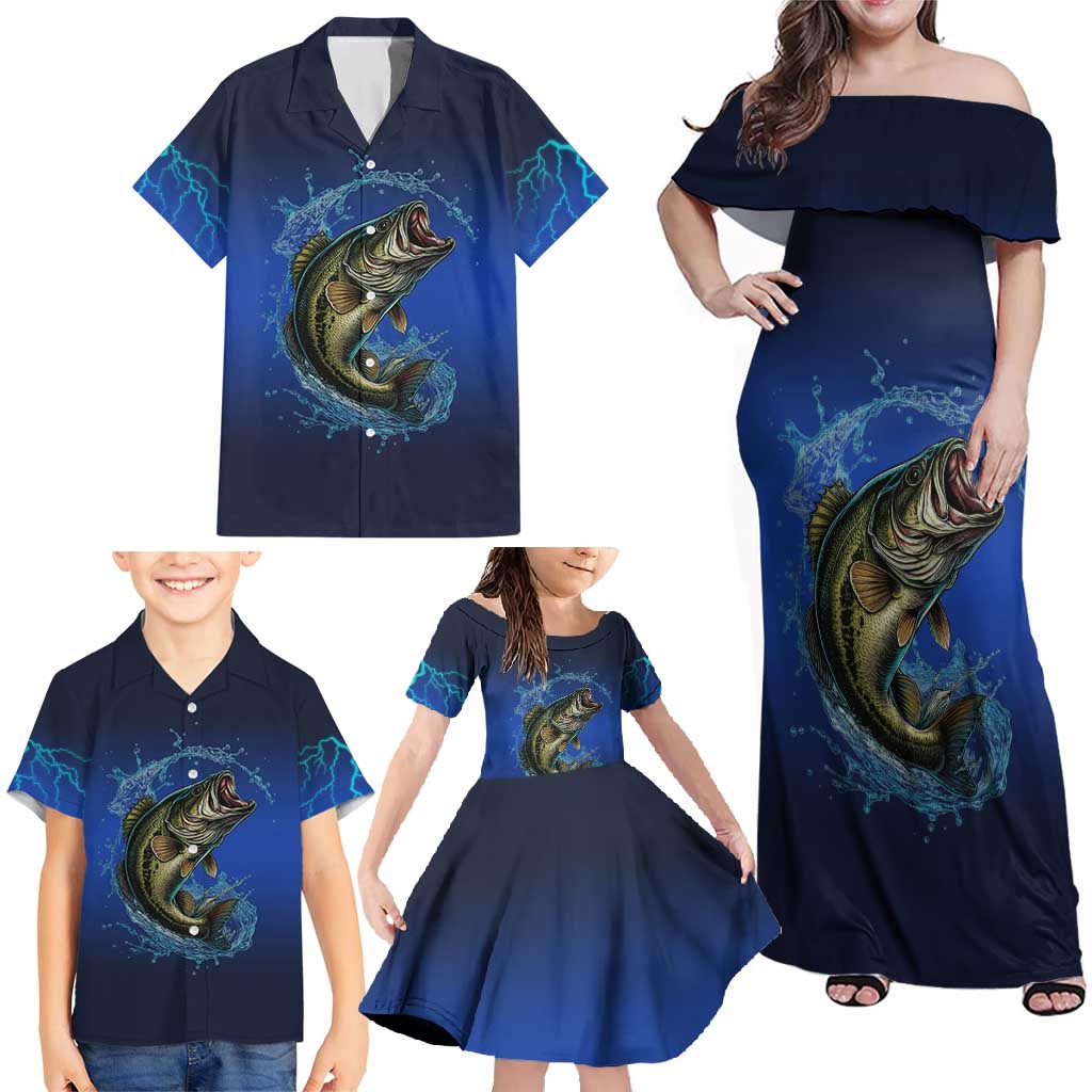 Custom Jumping Bass Fishing Family Matching Off Shoulder Maxi Dress and Hawaiian Shirt with Water Splash and Lightning Background - Wonder Print Shop