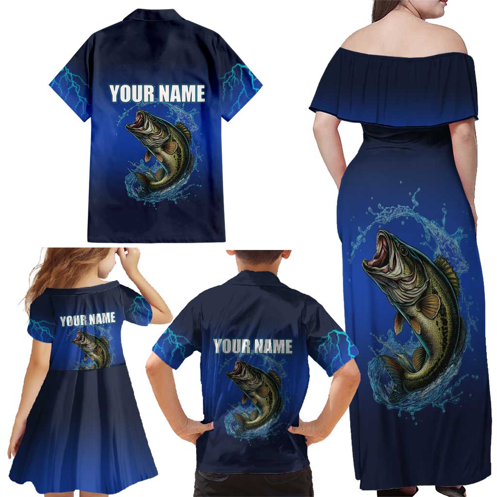 Custom Jumping Bass Fishing Family Matching Off Shoulder Maxi Dress and Hawaiian Shirt with Water Splash and Lightning Background - Wonder Print Shop