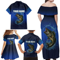 Custom Jumping Bass Fishing Family Matching Off Shoulder Maxi Dress and Hawaiian Shirt with Water Splash and Lightning Background - Wonder Print Shop