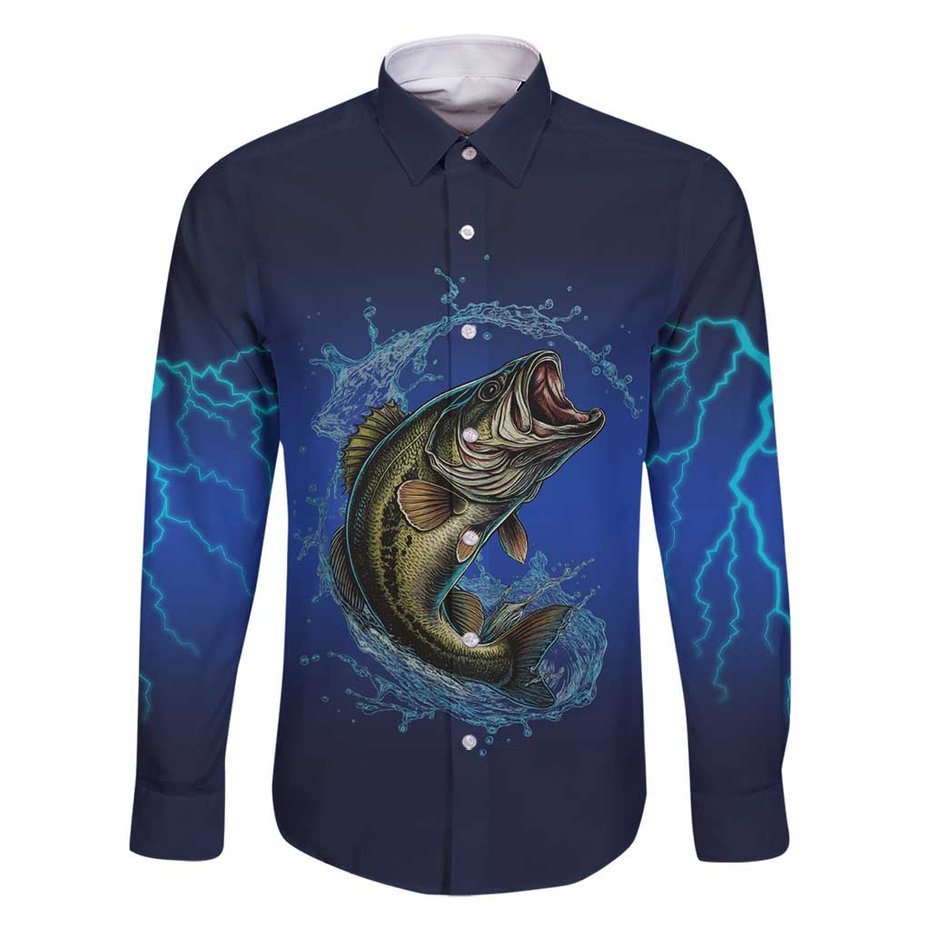 Custom Jumping Bass Fishing Family Matching Off Shoulder Maxi Dress and Hawaiian Shirt with Water Splash and Lightning Background - Wonder Print Shop