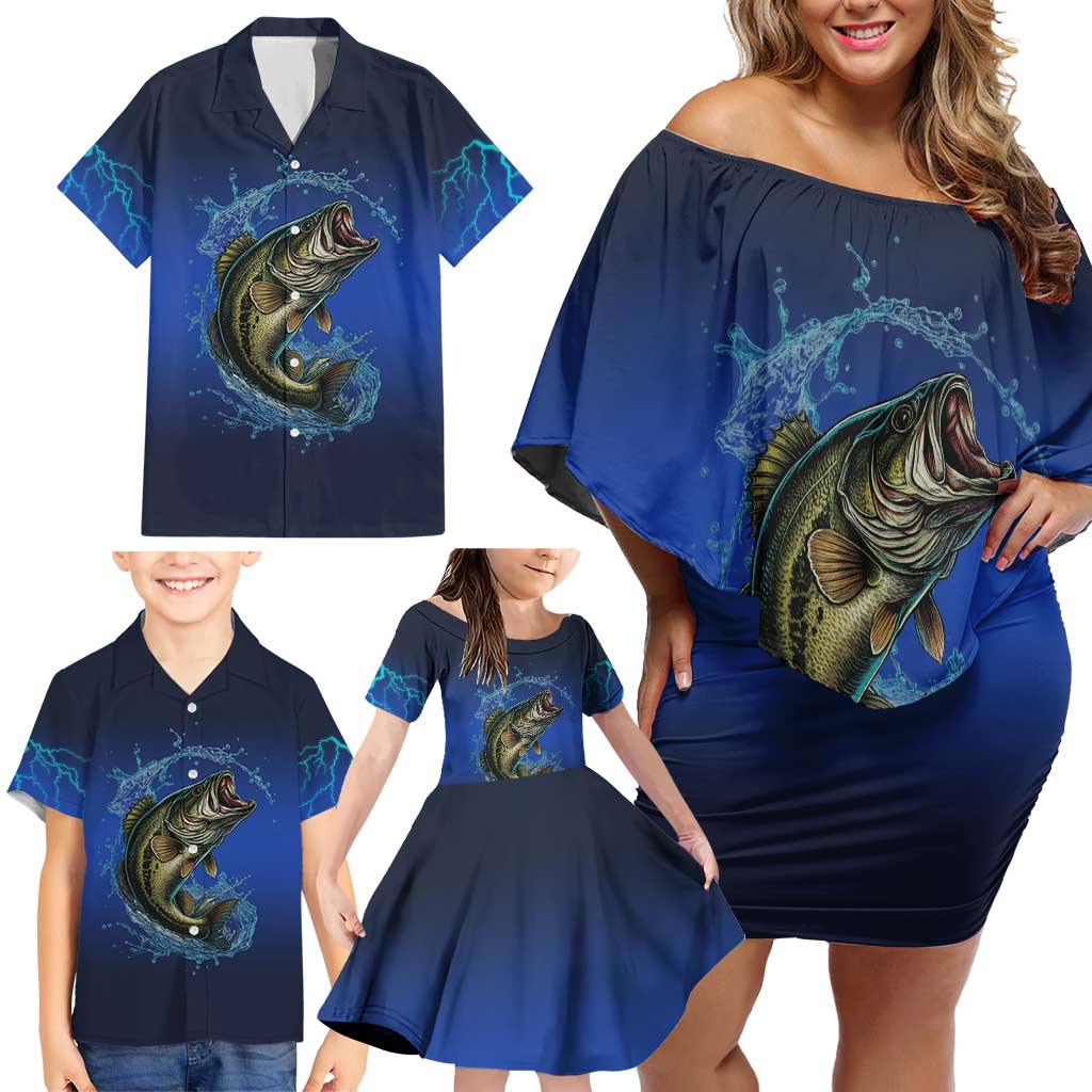 Custom Jumping Bass Fishing Family Matching Off Shoulder Short Dress and Hawaiian Shirt with Water Splash and Lightning Background - Wonder Print Shop