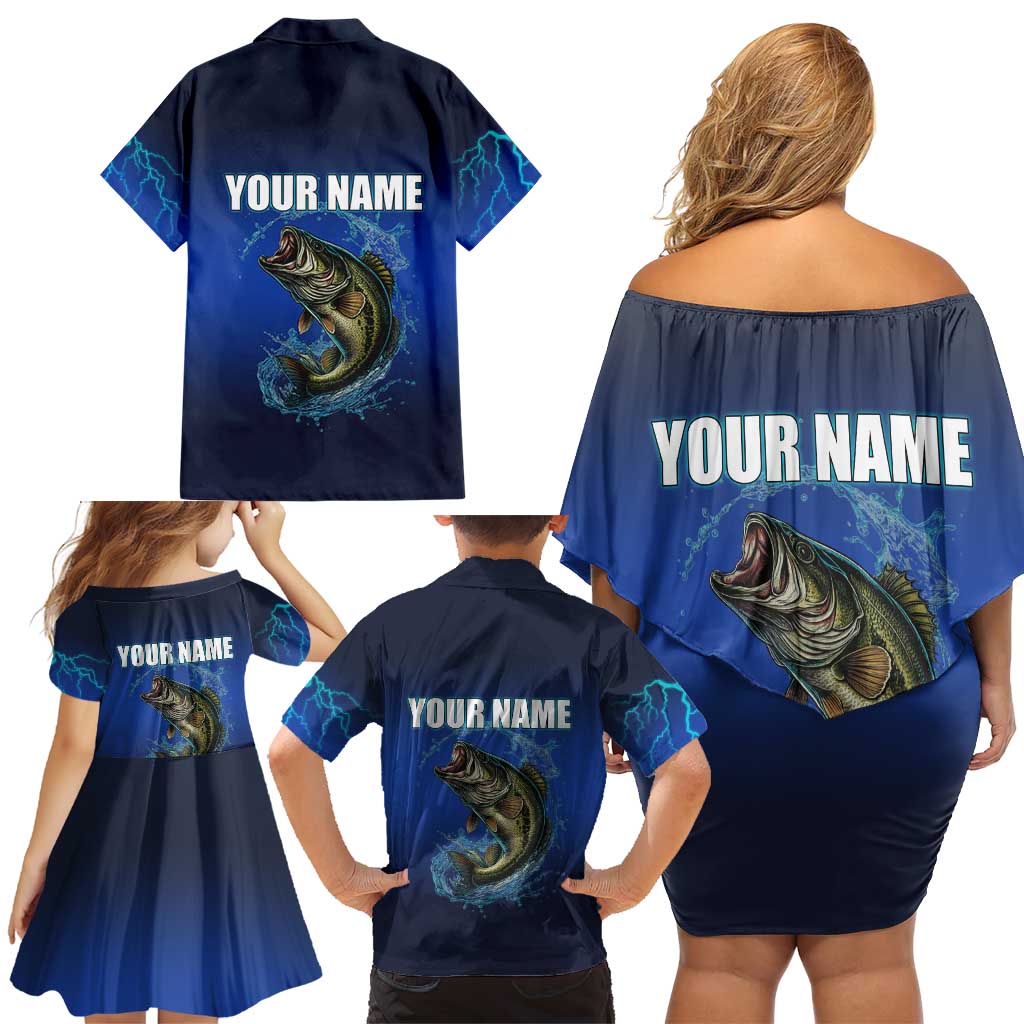 Custom Jumping Bass Fishing Family Matching Off Shoulder Short Dress and Hawaiian Shirt with Water Splash and Lightning Background - Wonder Print Shop