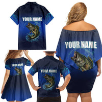 Custom Jumping Bass Fishing Family Matching Off Shoulder Short Dress and Hawaiian Shirt with Water Splash and Lightning Background - Wonder Print Shop