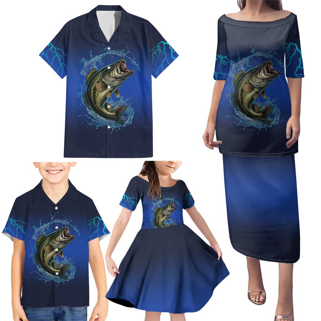 Custom Jumping Bass Fishing Family Matching Puletasi and Hawaiian Shirt with Water Splash and Lightning Background - Wonder Print Shop