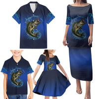 Custom Jumping Bass Fishing Family Matching Puletasi and Hawaiian Shirt with Water Splash and Lightning Background - Wonder Print Shop