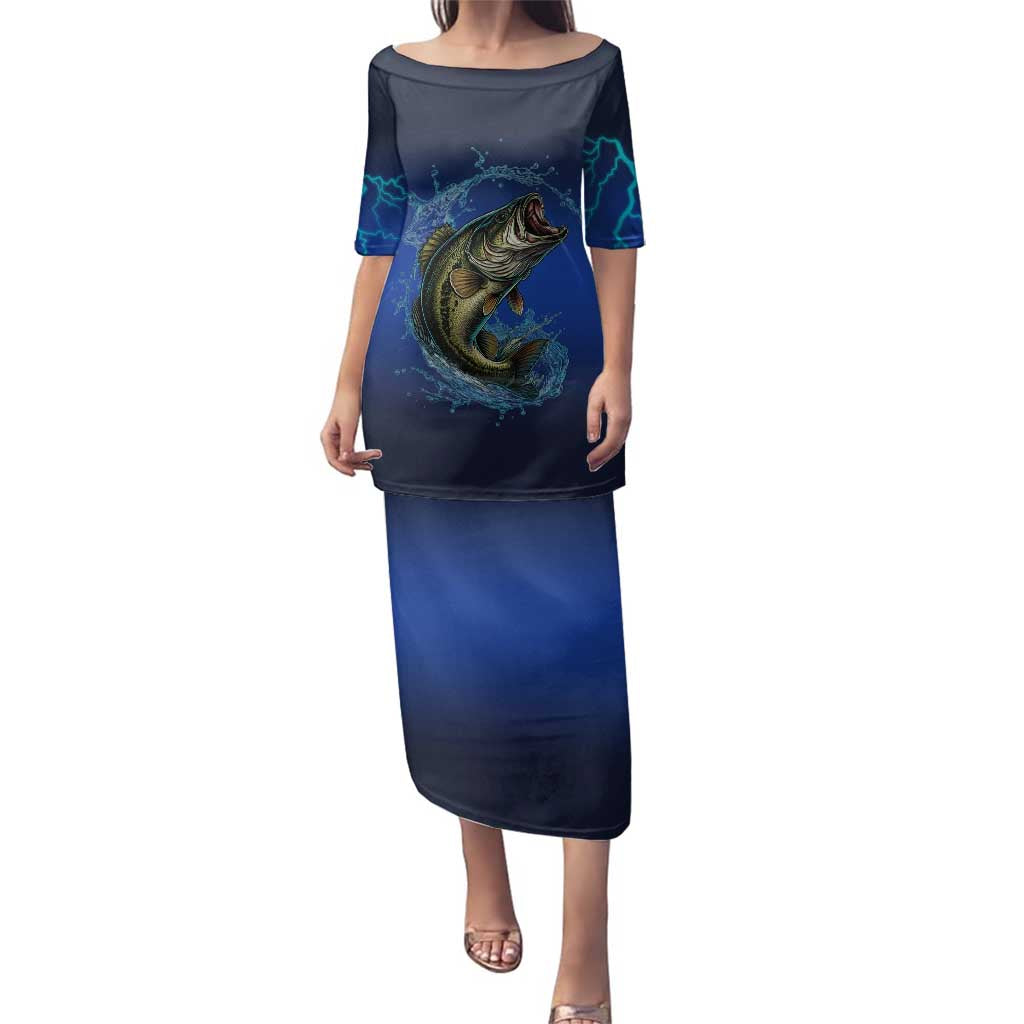 Custom Jumping Bass Fishing Family Matching Puletasi and Hawaiian Shirt with Water Splash and Lightning Background - Wonder Print Shop