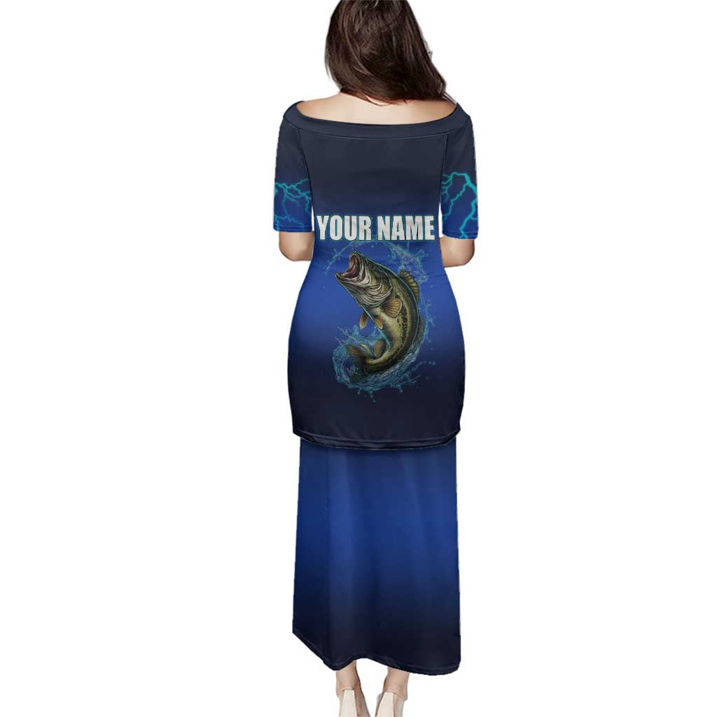 Custom Jumping Bass Fishing Family Matching Puletasi and Hawaiian Shirt with Water Splash and Lightning Background - Wonder Print Shop