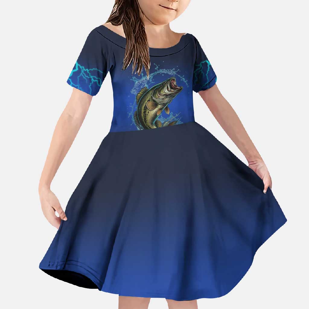 Custom Jumping Bass Fishing Family Matching Short Sleeve Bodycon Dress and Hawaiian Shirt with Water Splash and Lightning Background - Wonder Print Shop