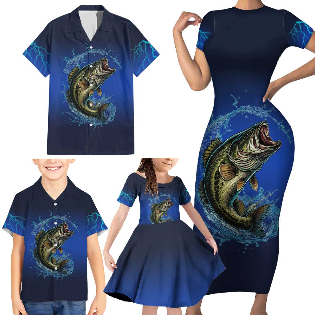 Custom Jumping Bass Fishing Family Matching Short Sleeve Bodycon Dress and Hawaiian Shirt with Water Splash and Lightning Background - Wonder Print Shop