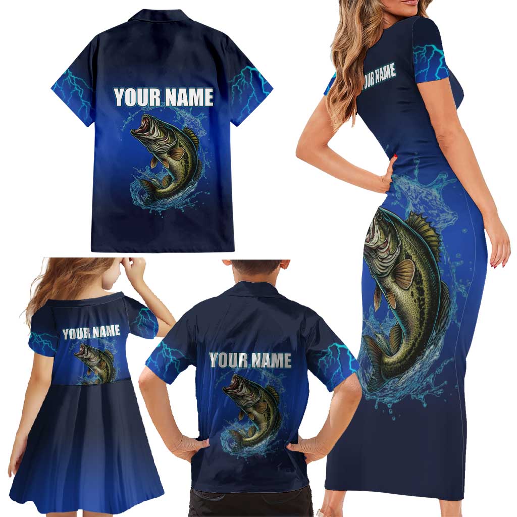 Custom Jumping Bass Fishing Family Matching Short Sleeve Bodycon Dress and Hawaiian Shirt with Water Splash and Lightning Background - Wonder Print Shop