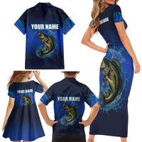 Custom Jumping Bass Fishing Family Matching Short Sleeve Bodycon Dress and Hawaiian Shirt with Water Splash and Lightning Background - Wonder Print Shop