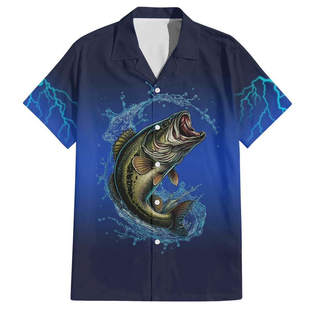Custom Jumping Bass Fishing Family Matching Short Sleeve Bodycon Dress and Hawaiian Shirt with Water Splash and Lightning Background - Wonder Print Shop