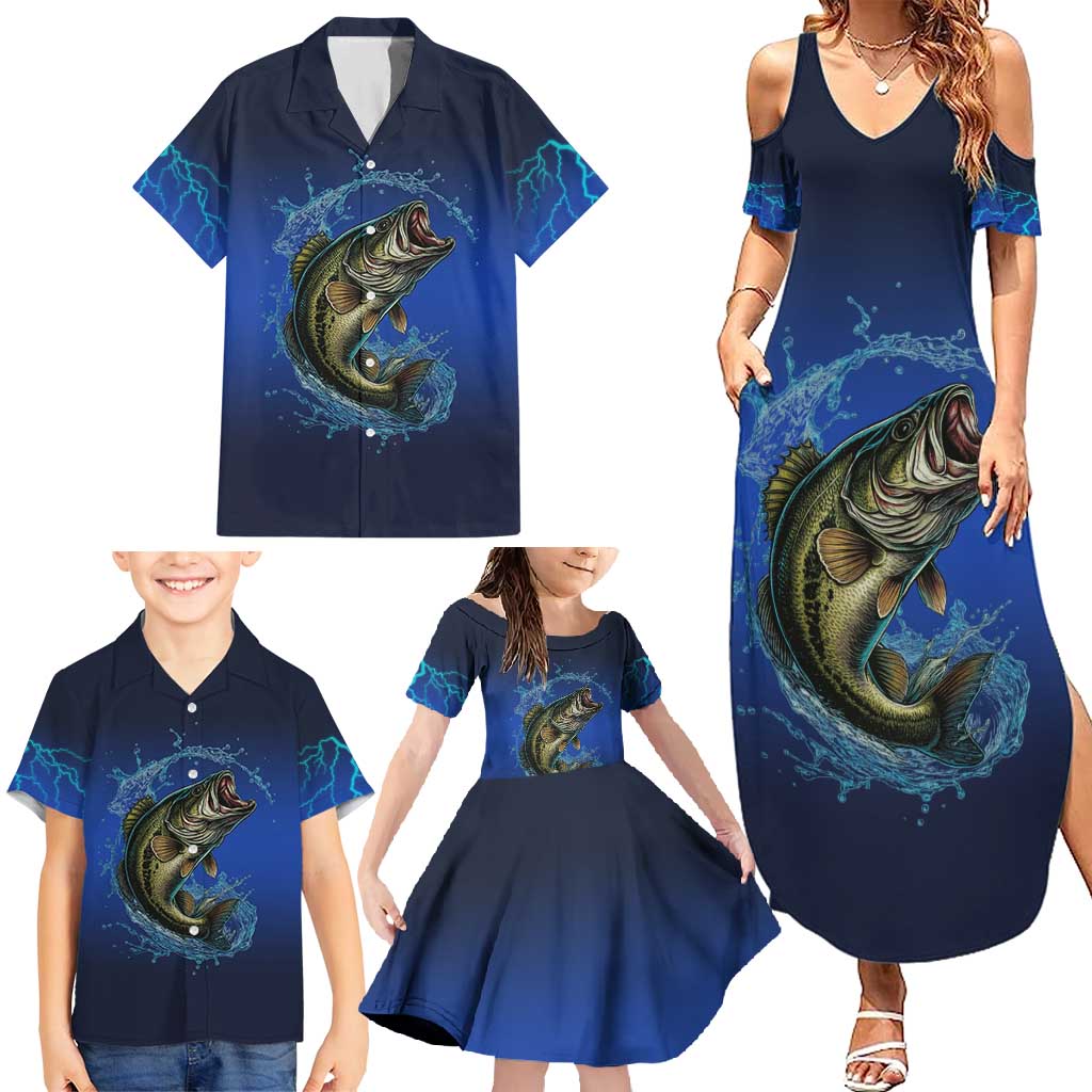 Custom Jumping Bass Fishing Family Matching Summer Maxi Dress and Hawaiian Shirt with Water Splash and Lightning Background - Wonder Print Shop