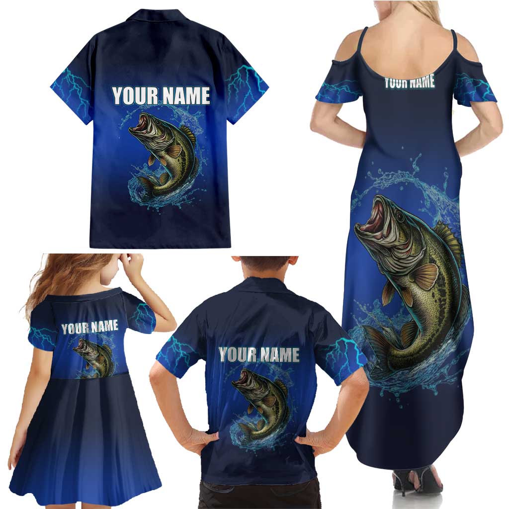 Custom Jumping Bass Fishing Family Matching Summer Maxi Dress and Hawaiian Shirt with Water Splash and Lightning Background - Wonder Print Shop
