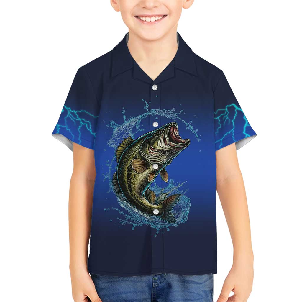 Custom Jumping Bass Fishing Family Matching Summer Maxi Dress and Hawaiian Shirt with Water Splash and Lightning Background - Wonder Print Shop