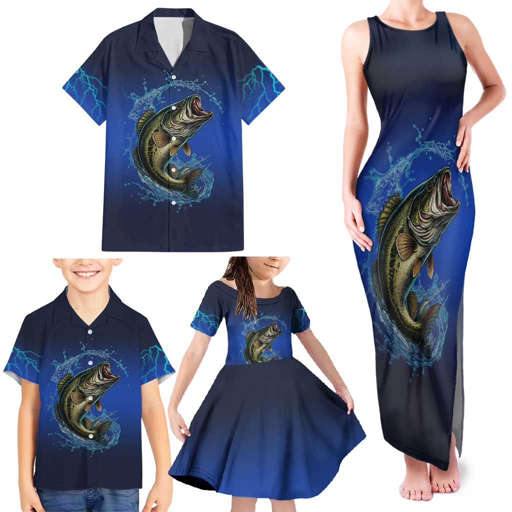 Custom Jumping Bass Fishing Family Matching Tank Maxi Dress and Hawaiian Shirt with Water Splash and Lightning Background - Wonder Print Shop