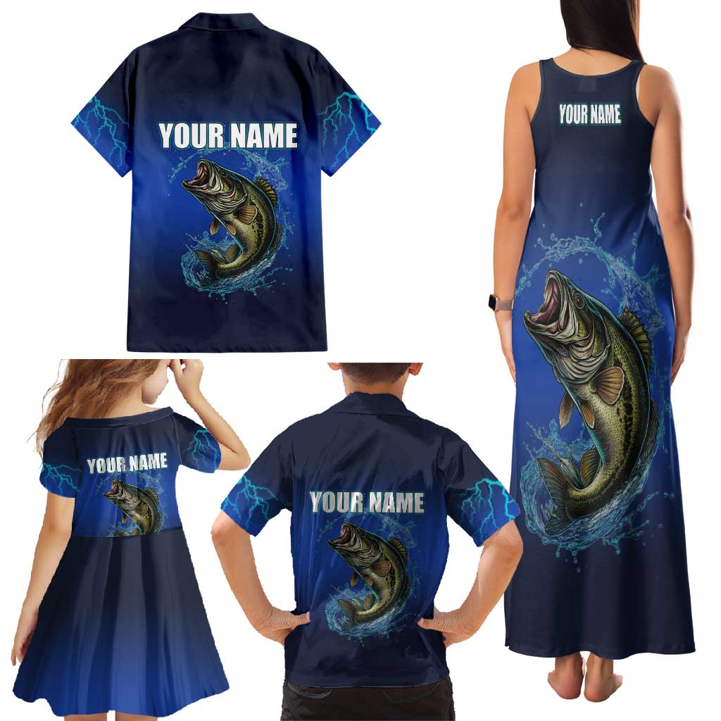 Custom Jumping Bass Fishing Family Matching Tank Maxi Dress and Hawaiian Shirt with Water Splash and Lightning Background - Wonder Print Shop