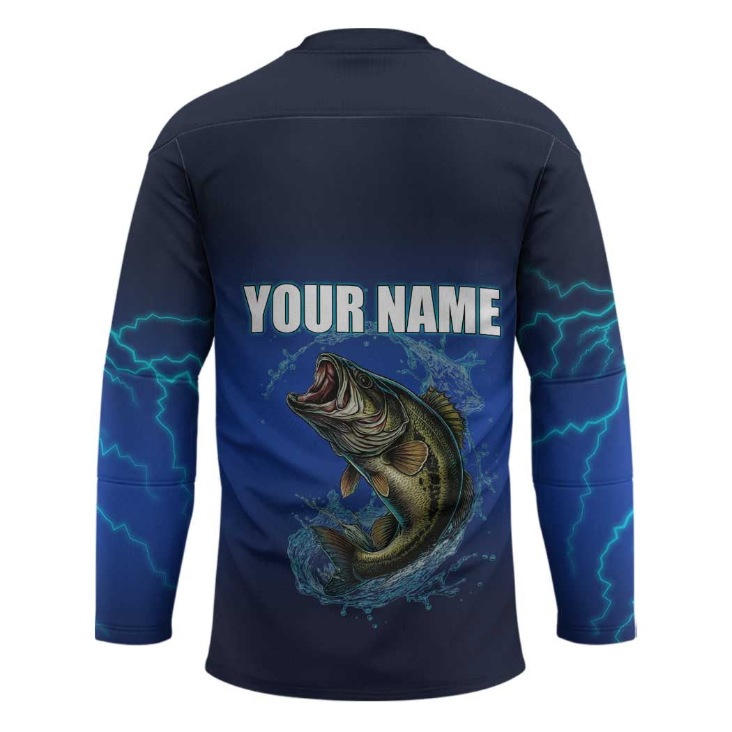 Custom Jumping Bass Fishing Hockey Jersey with Water Splash and Lightning Background - Wonder Print Shop