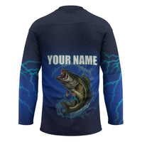 Custom Jumping Bass Fishing Hockey Jersey with Water Splash and Lightning Background - Wonder Print Shop