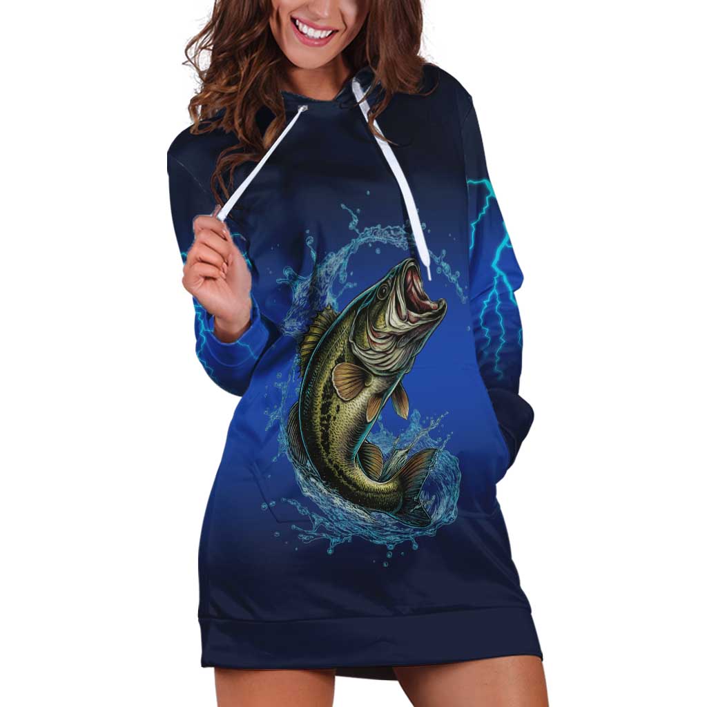 Custom Jumping Bass Fishing Hoodie Dress with Water Splash and Lightning Background - Wonder Print Shop